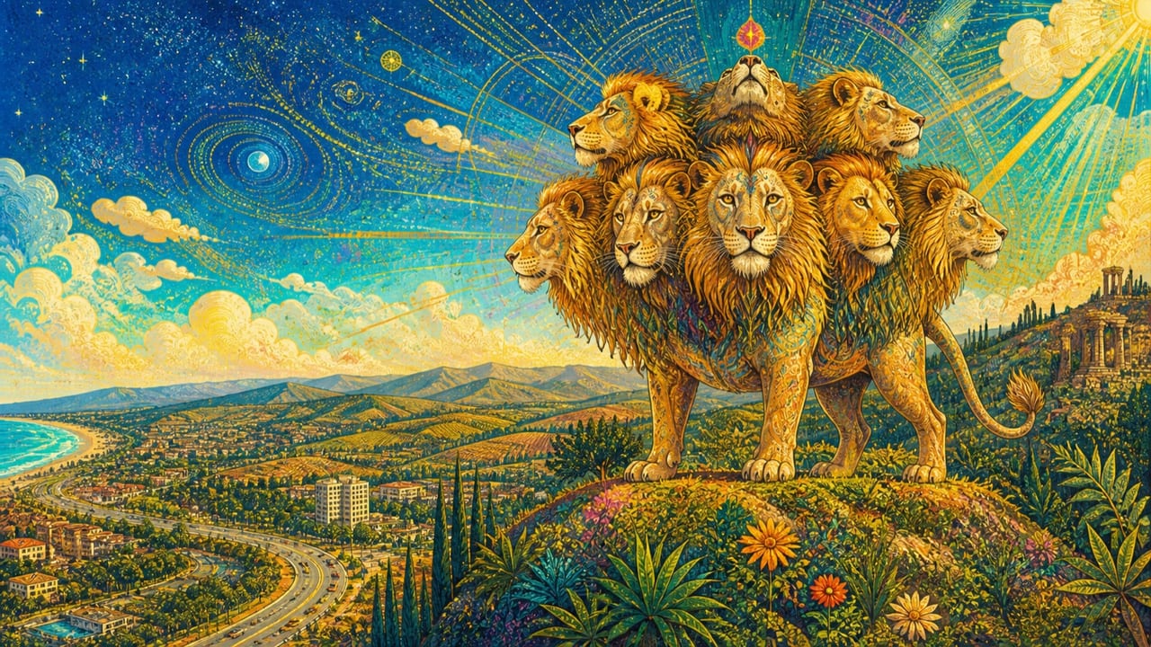 A majestic seven-headed lion stands peacefully above a radiant town, highway, ancient ruins and flowering valley