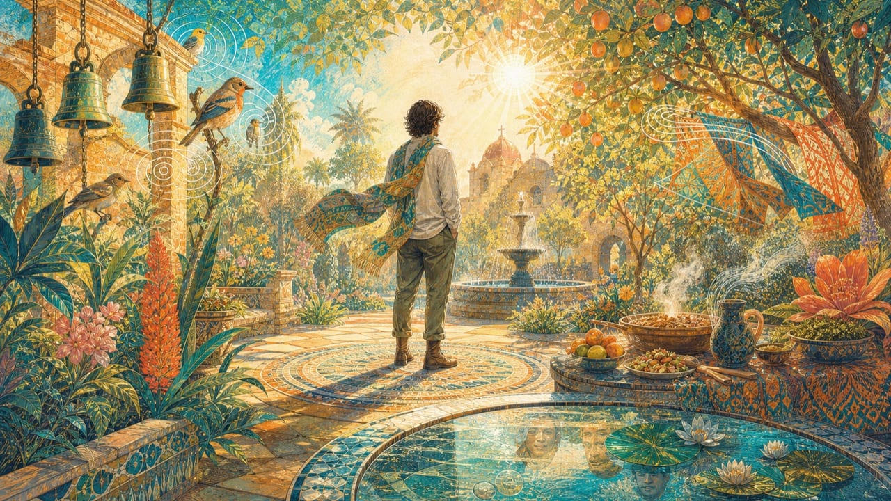 An adult traveler stands in a radiant Merced garden as bells, birds, fruit, flowers, wind, water and food make the present moment visible