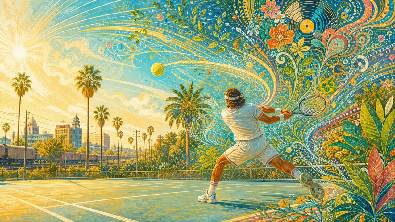 Backhand Rap — A kinetic illustrated tennis backhand on a vintage Merced court with rhythmic psychedelic motion sweeping across the sky