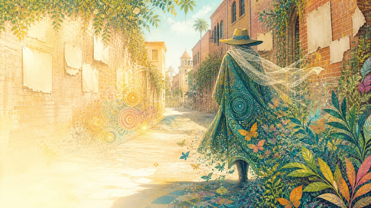 Anonyma — A mysterious brightly illustrated veiled figure crossing a sunlit Merced alley as butterflies and foliage emerge around her