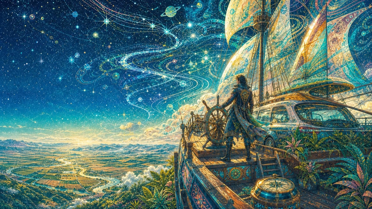 An adult commander navigates a fantastical star-sailing vessel above the Central Valley along constellations shaped like rivers and roads