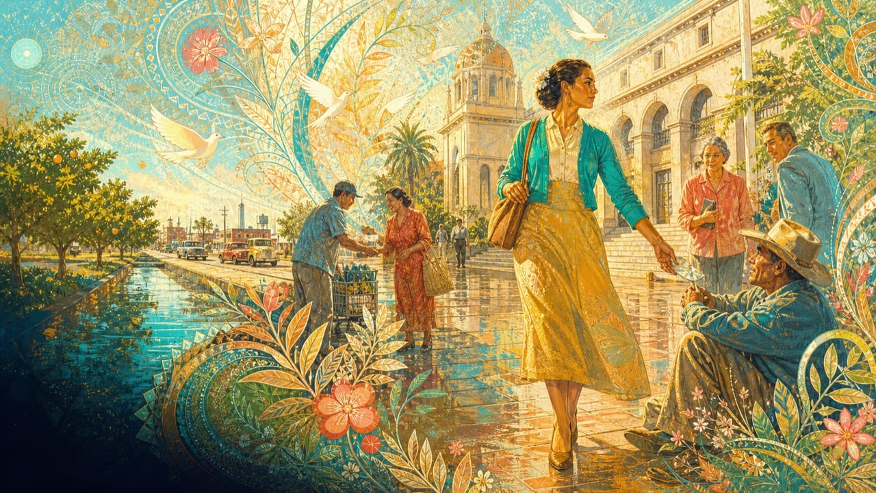 Lady Grace — A poised adult woman crosses a luminous Central Valley civic plaza after rain while small acts of kindness and white birds unfold around her