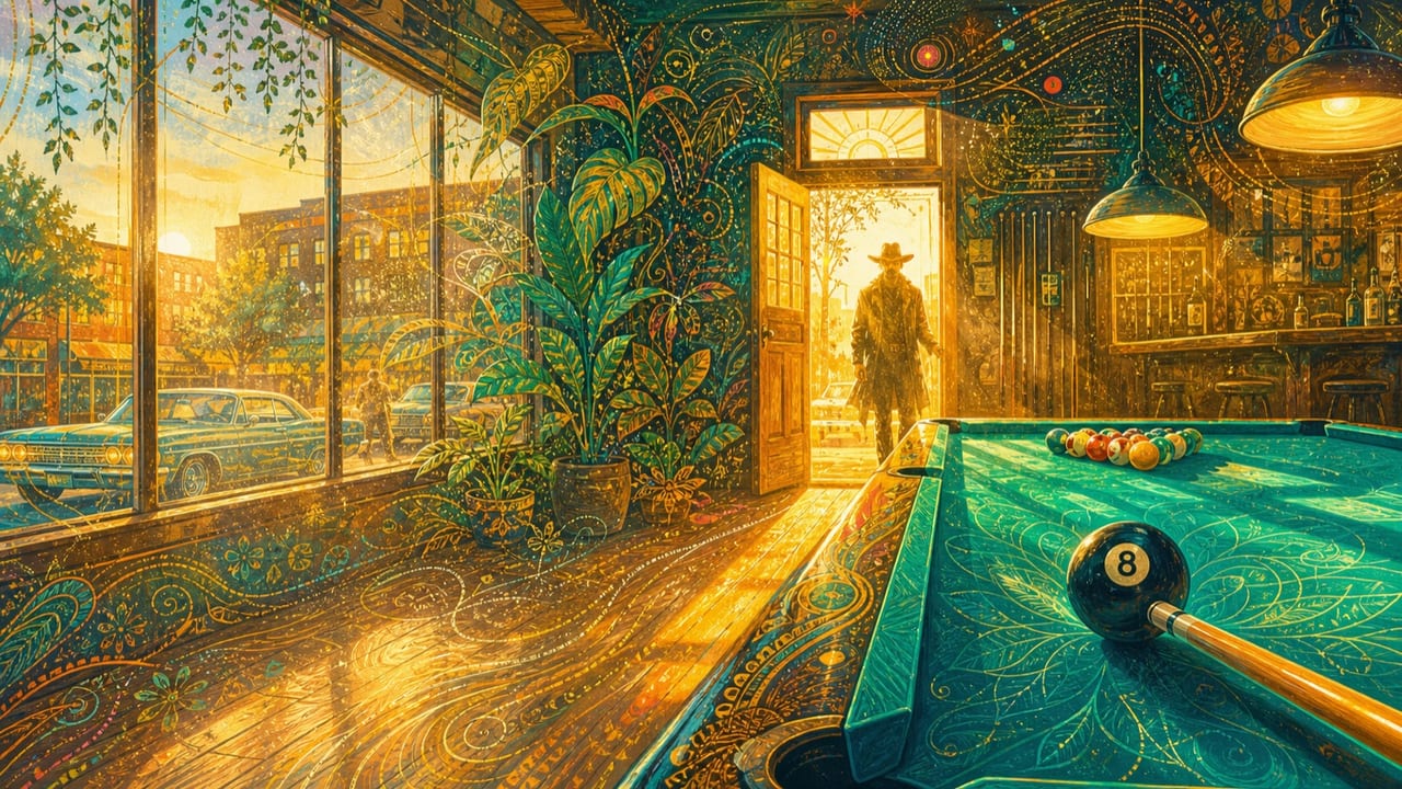 8-Ball — A luminous illustrated downtown Merced pool hall at golden hour with a vintage car, pool table and rambling figure in the doorway