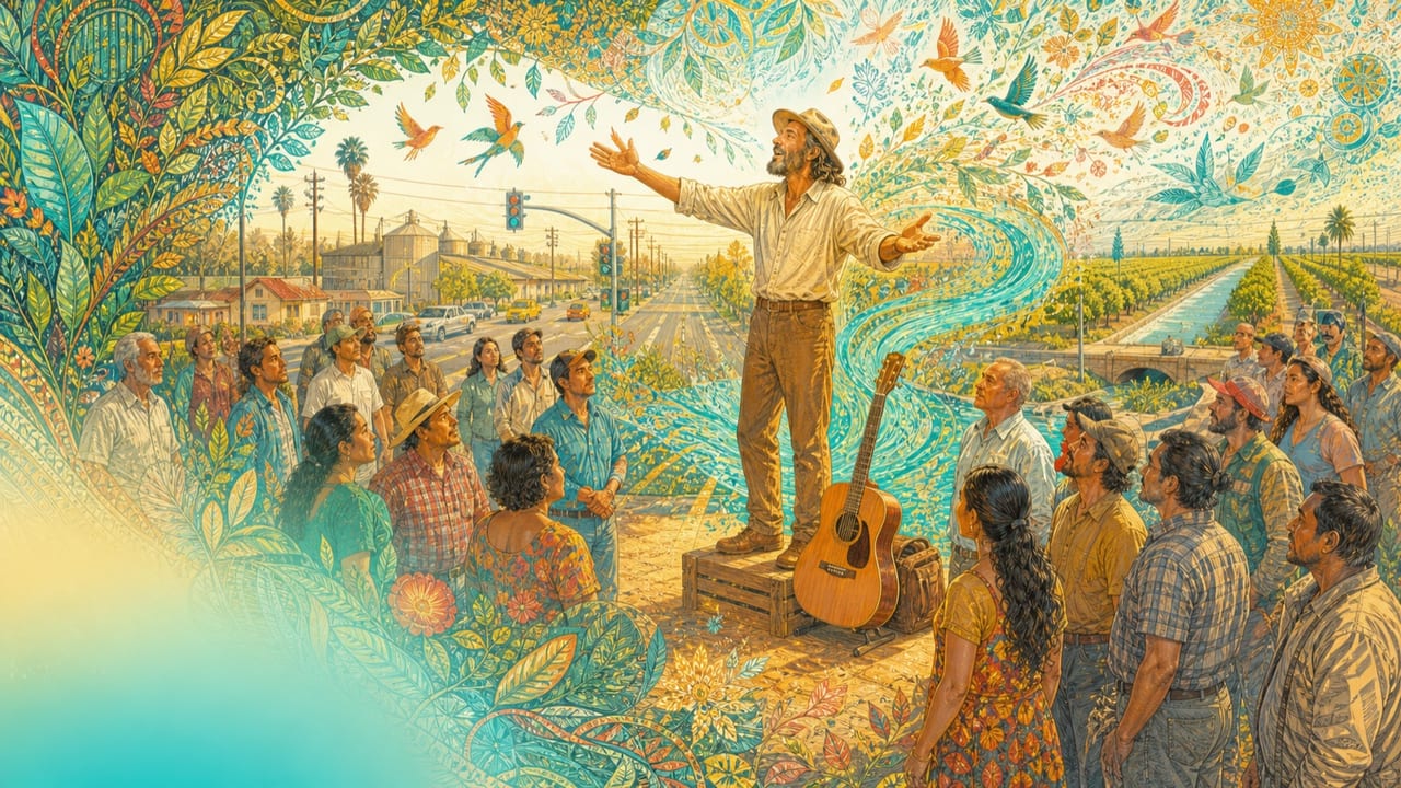 Preach — An adult road-worn folk preacher speaks warmly from a wooden crate at a bright Central Valley crossroads as his words become birds, seeds and river light