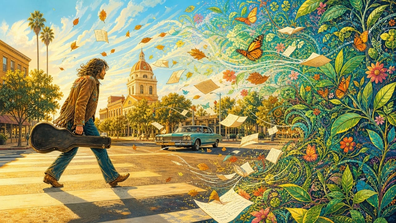 Blindsided — A brilliant illustrated Merced intersection where a startled guitarist is swept into a visionary storm of pages, butterflies and flowering vines