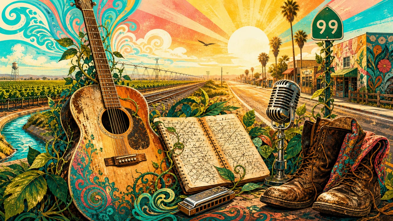 A guitar, songbook and microphone beside Highway 99 in California light A guitar, songbook and microphone beside Highway 99 in California light