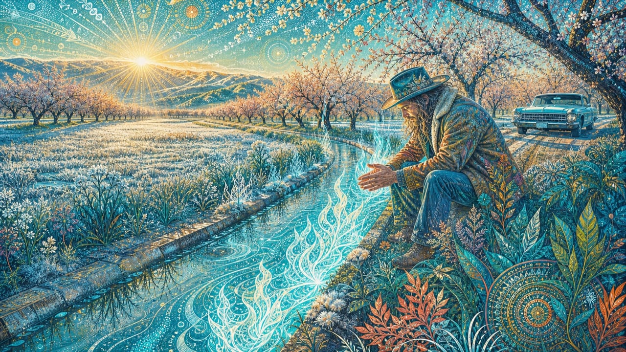 Cold Fire — A rambling adult warms his hands beside impossible blue-white flames blooming through a frost-bright Merced orchard canal at sunrise