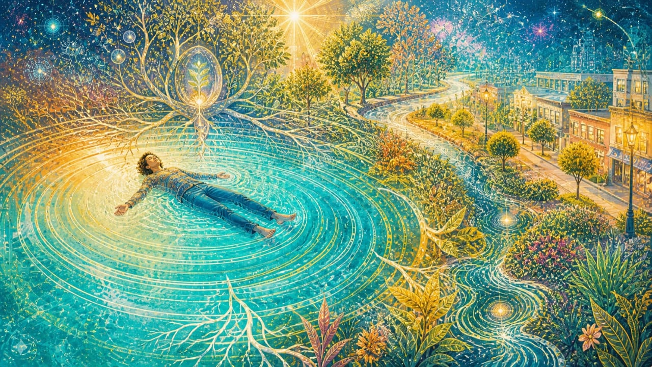 A fully clothed adult floats peacefully in radiant bright water whose concentric pulse becomes roots, orchard, stars and a Merced healing garden