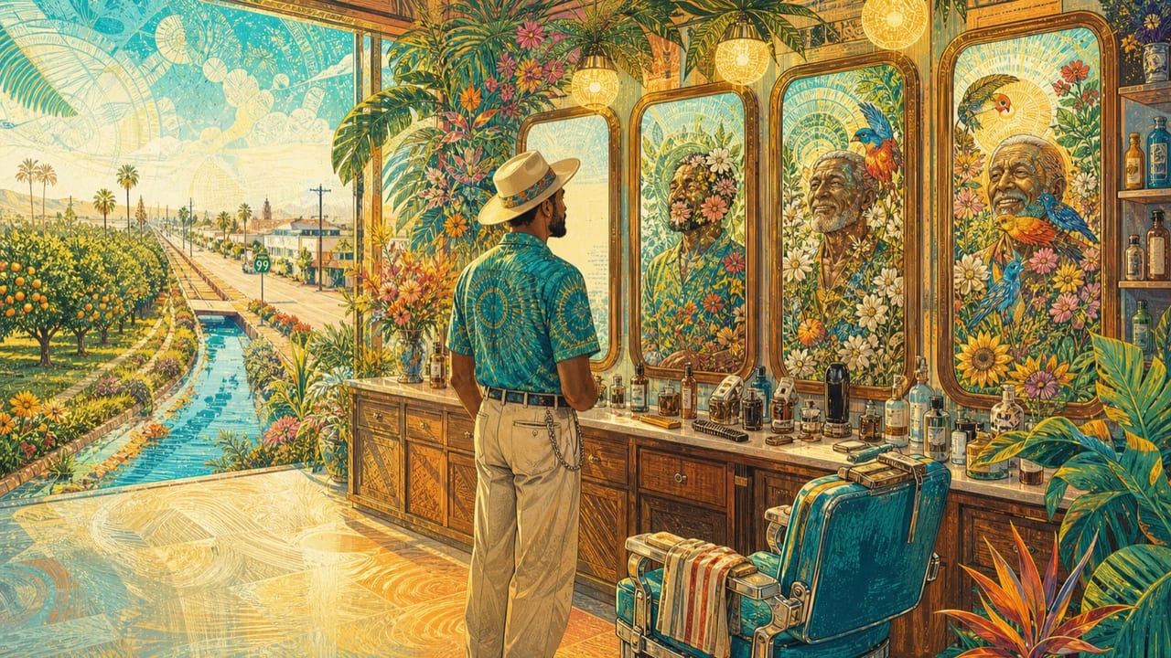 Vanity — A stylish adult studies vintage Merced barbershop mirrors whose reflections become flowers, age lines, birds and honest human warmth