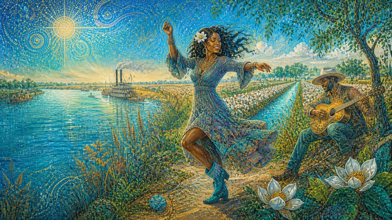 Delta Dancer — A joyful adult woman dances beside a turquoise Delta river while a guitarist plays between magnolias, cotton fields and Central Valley canals