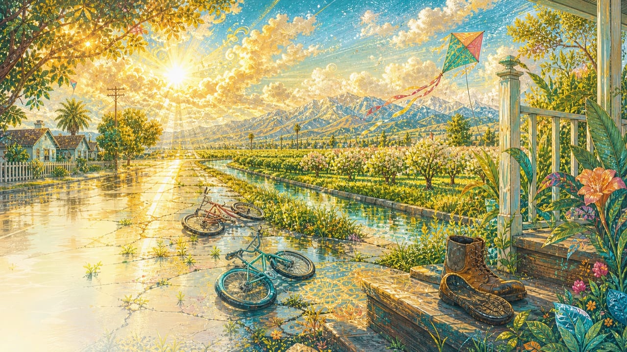 Better Days — A brilliant illustrated Central Valley morning after a storm with wet streets, orchards, bicycles and new growth
