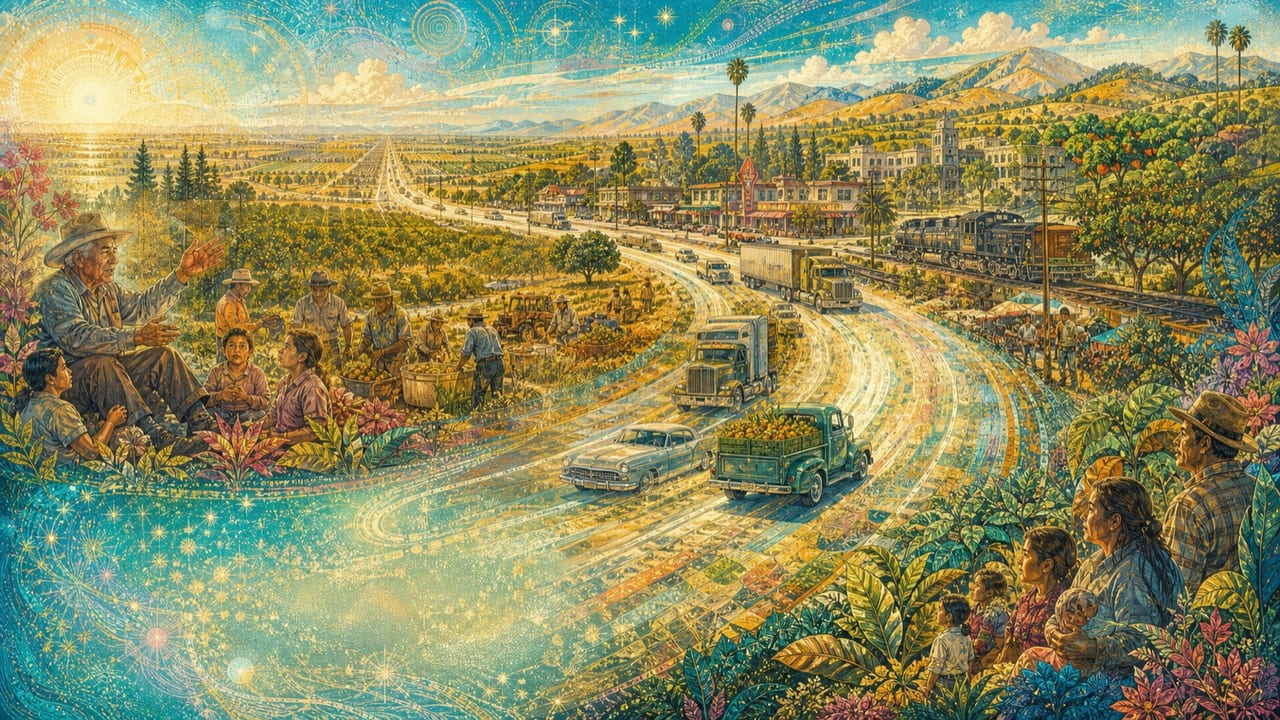 A luminous Highway 99 carries farmworkers, families, freight, orchards, small towns and a rambling storyteller through decades of Central California life
