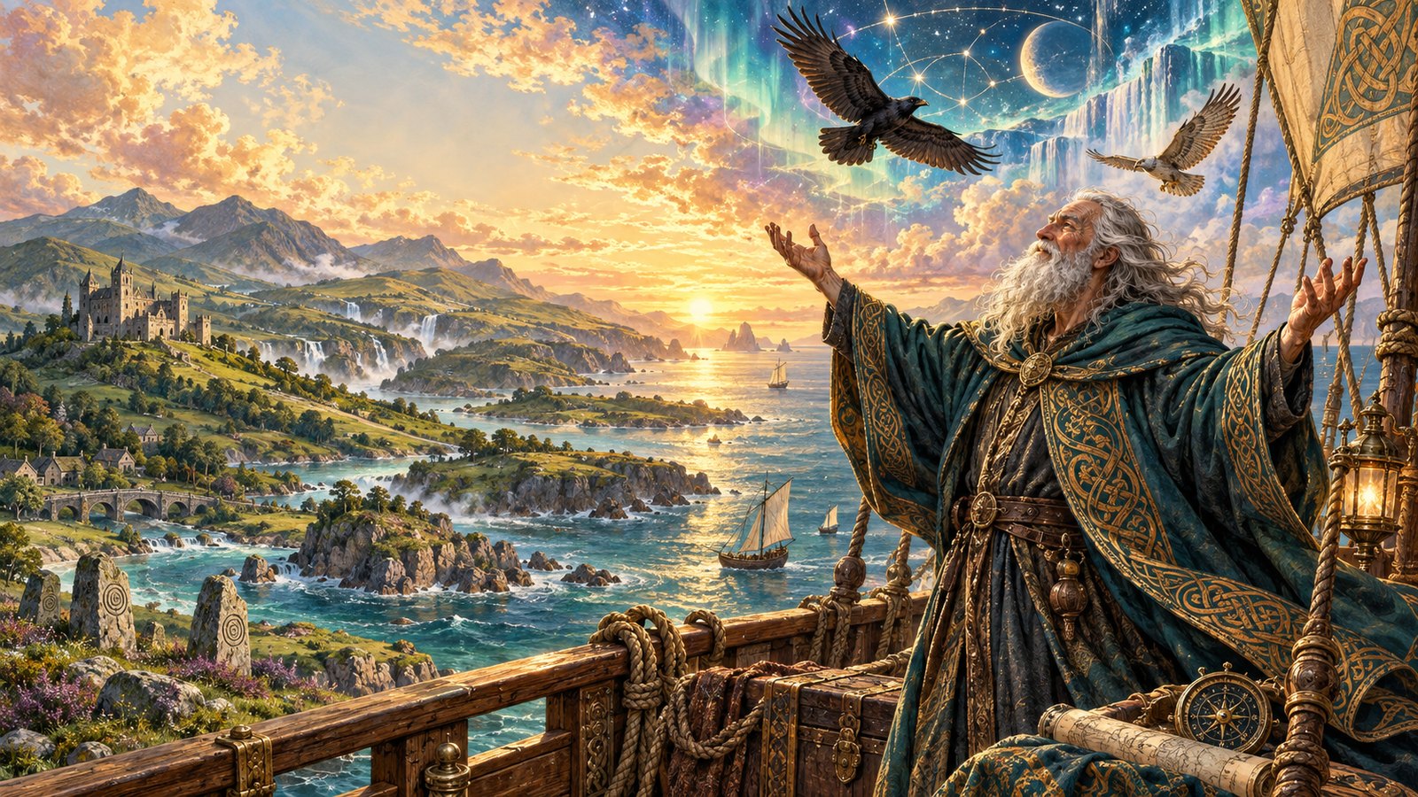 Phineas McLinius raises his arms aboard a sailing ship as Irish hills, soaring birds and luminous cosmic waters unfold beneath a golden sky.