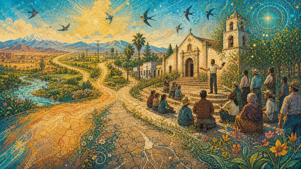 An adult folk preacher speaks on modest mission steps as four roads lead through river, desert, mountain and orchard beneath circling swallows