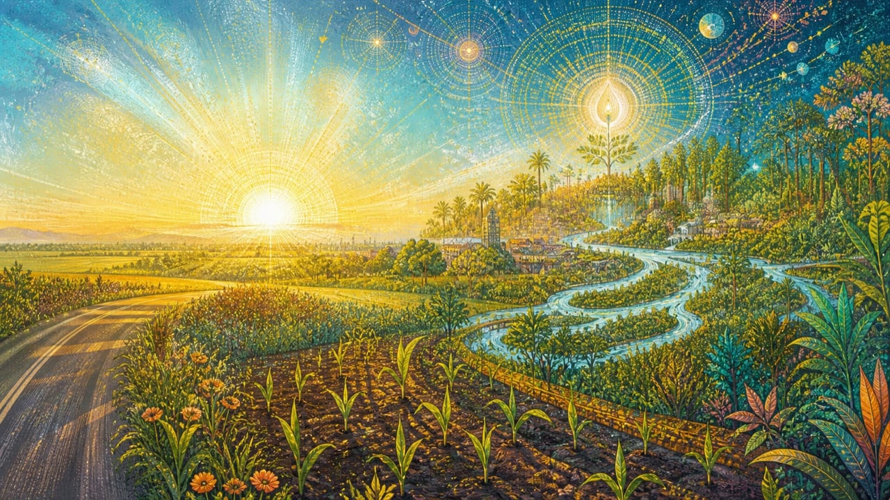 First shoots, a branching river, a new town and rainforest rise together beneath a radiant celestial seed over Merced fields