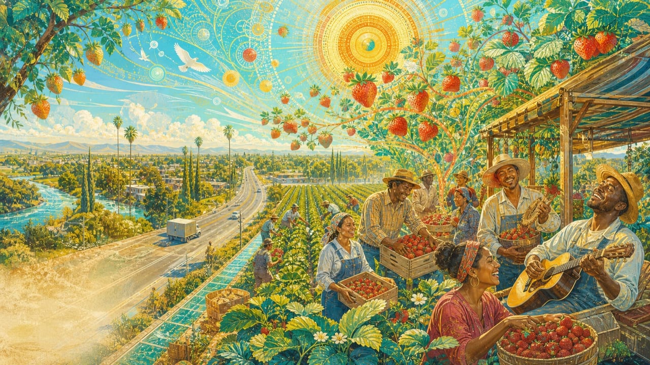 Strawberry — Adult farmworkers and musicians celebrate a radiant Central California strawberry harvest as red berries expand into botanical suns