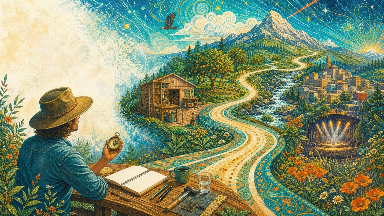 An adult traveler studies a compass and blank journal before a long road through workshop, orchard, river, town, stage and mountain