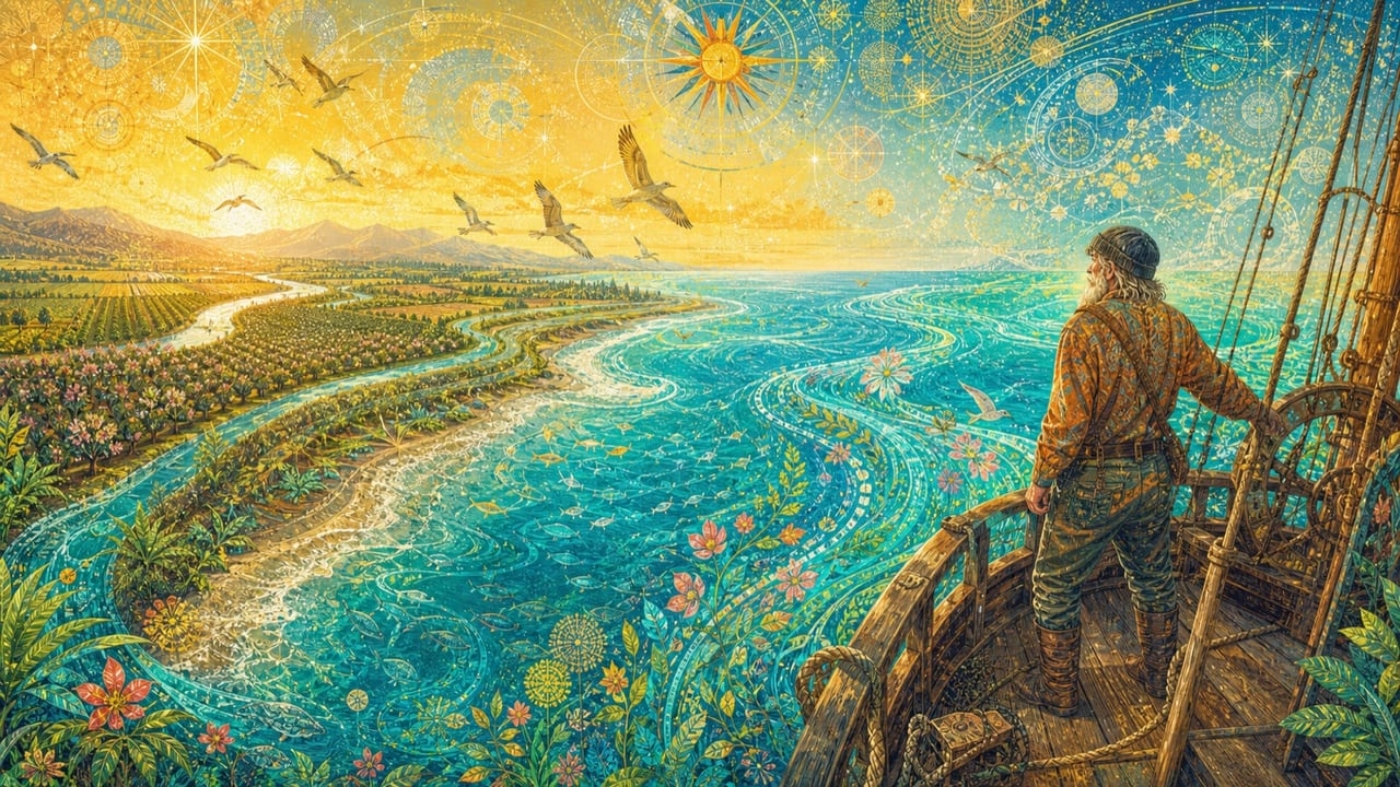 An ancient adult mariner watches a Central Valley river open into a turquoise sea beneath a luminous map of birds, stars and compass roses