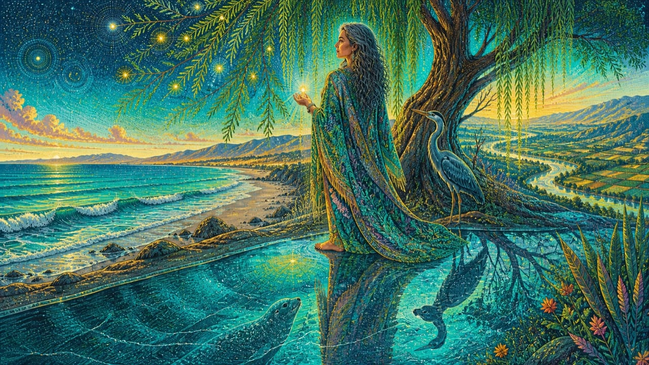 A mysterious adult woman stands where an ancient willow meets the sea as her reflection becomes a seal and her shadow a heron