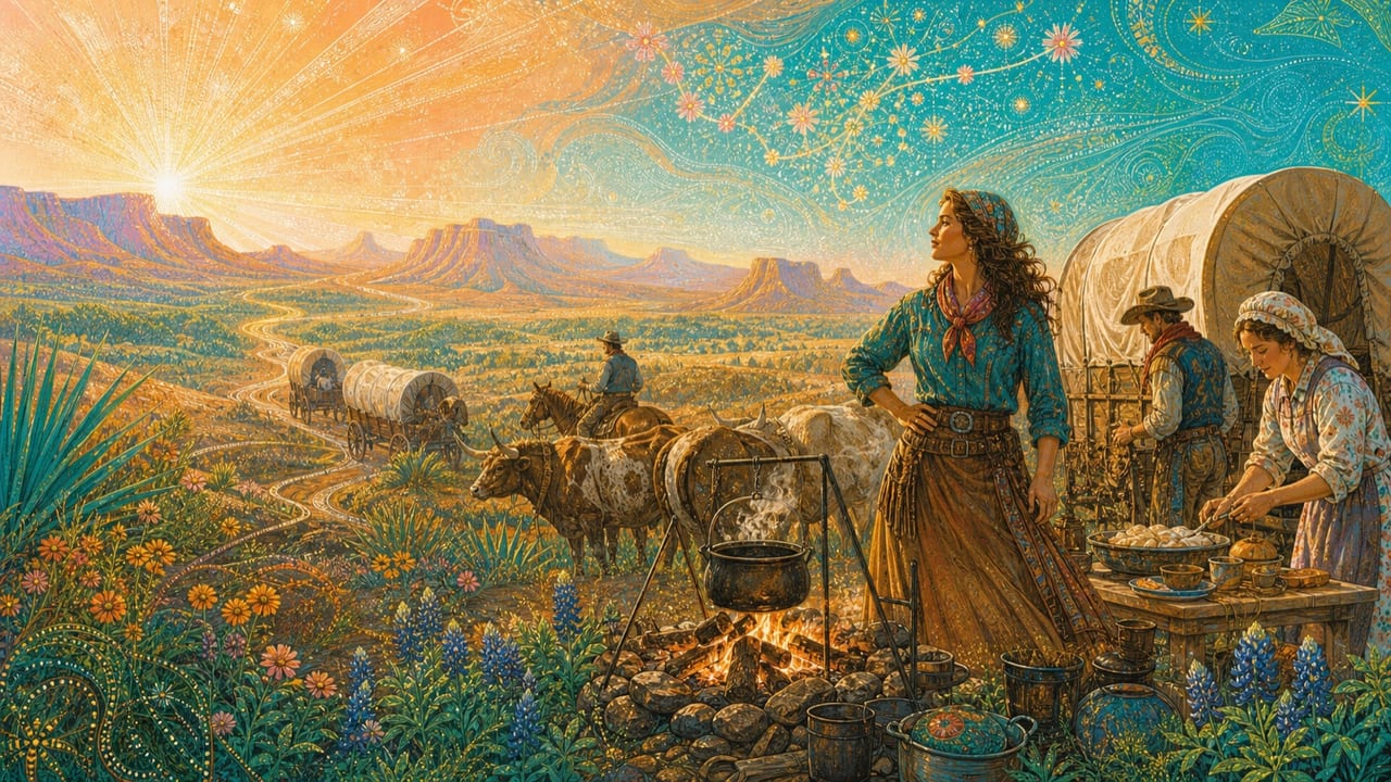 An adult frontier woman leads a westbound wagon camp at brilliant Texas dawn while a cook, nurse and wrangler prepare the road ahead