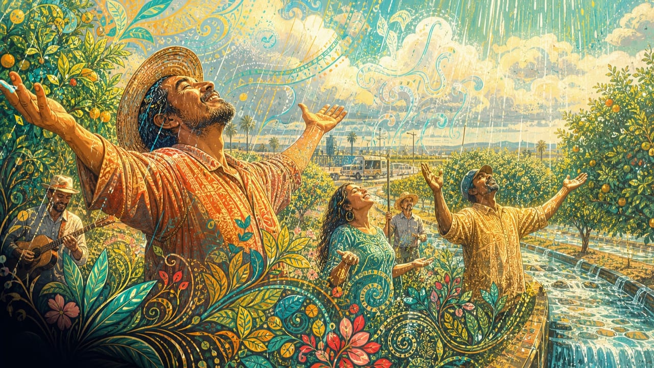 Make It Rain — Adult orchard workers celebrate brilliant turquoise rainfall filling Central Valley irrigation channels and reviving flowering trees
