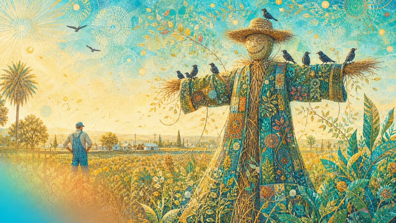 Scarecrow — A beautifully weathered scarecrow stands in a brilliant Central Valley field among friendly birds while an adult farmer watches from the orchard edge