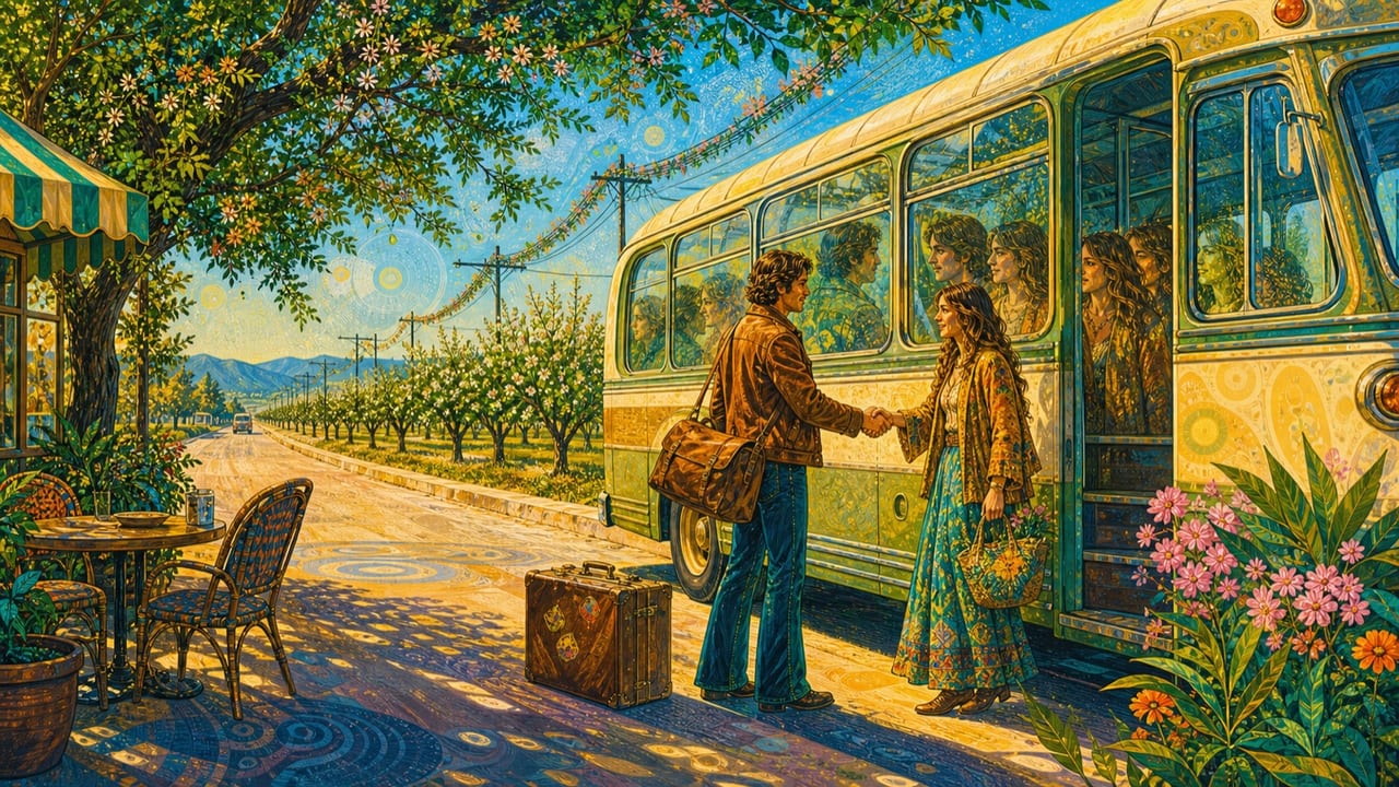 First Impression — Two adults meet at a bright Merced bus station while windows, puddles and chrome repeat their first glance through a flowering streetscape