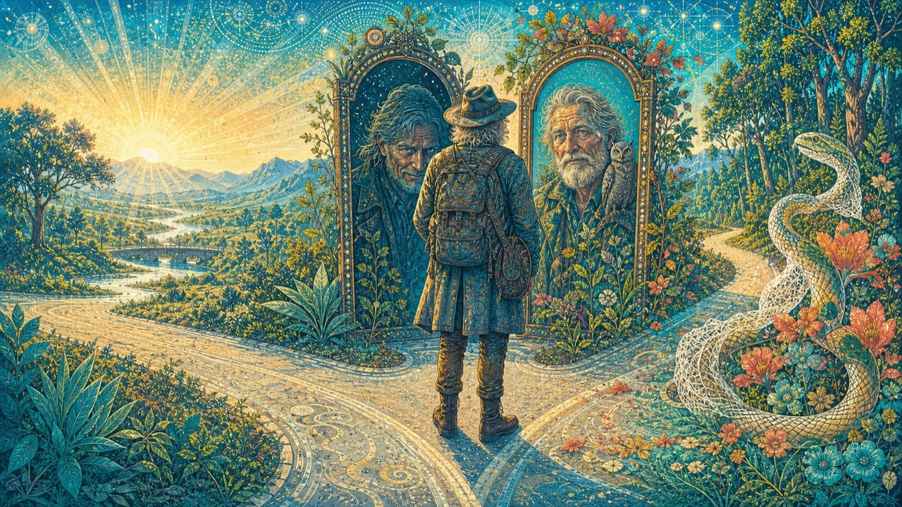Evil & Wise — An adult traveler stands at a luminous valley crossroads between an owl, a serpent and two visionary mirrors of shadow and wisdom