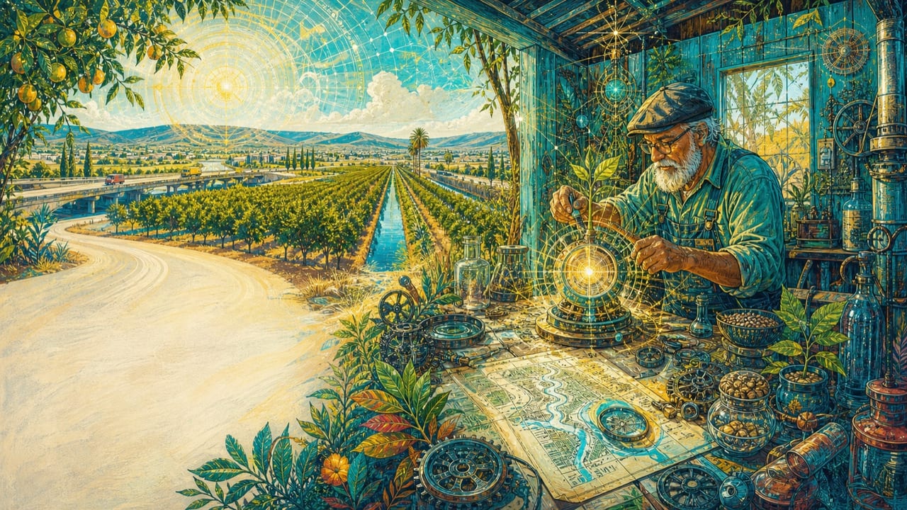 The Wizard — An eccentric older adult orchard mechanic builds a radiant machine from gears, lenses, seeds and irrigation maps in a bright turquoise work shed