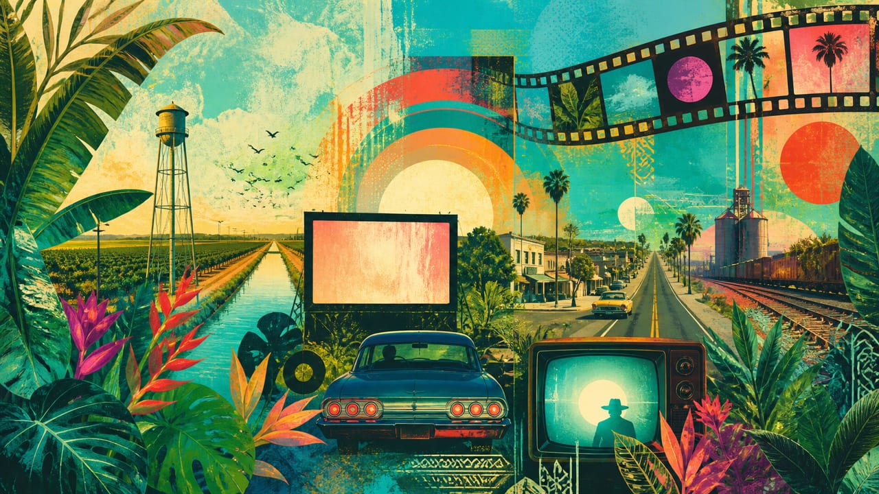 Film frames, a drive-in screen and a vintage television on a California road Film frames, a drive-in screen and a vintage television on a California road