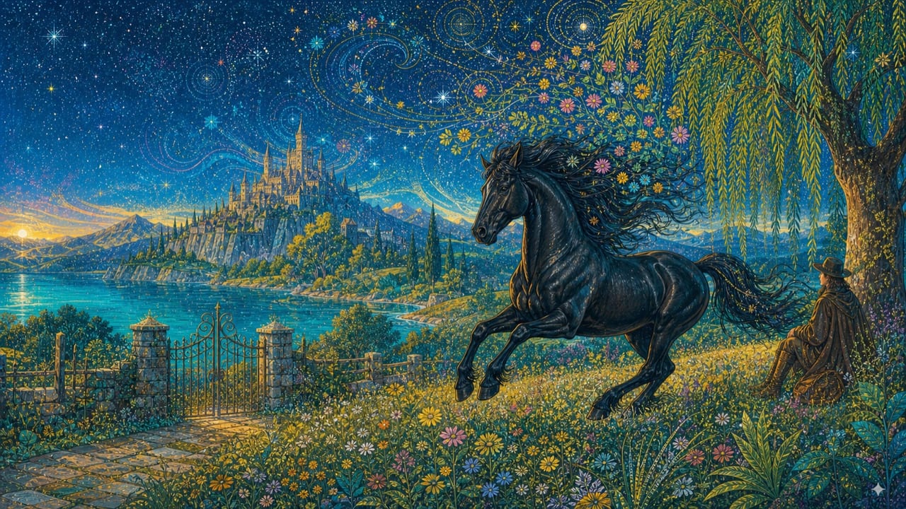 A magnificent black stallion runs freely through a wildflower meadow beside a lake, old gate and distant mountain castle